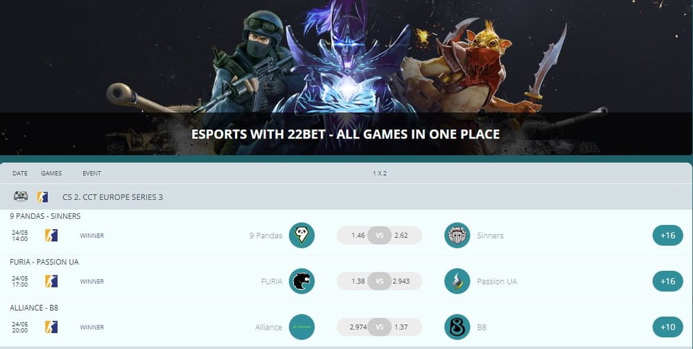 22bet eSports section