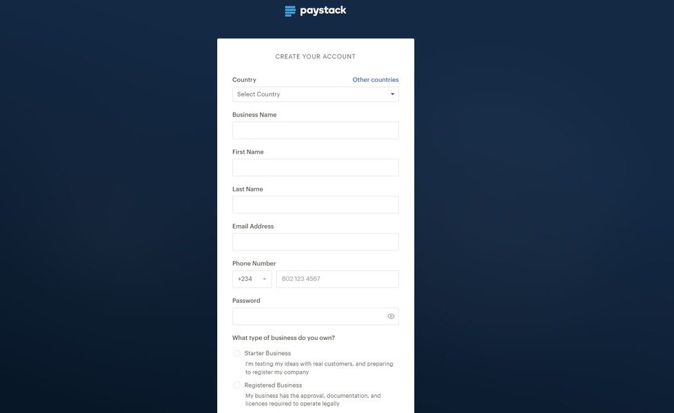 Paystack sign up form